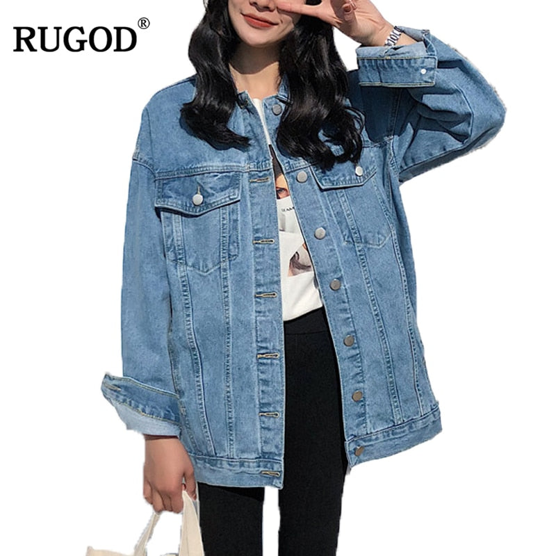 RUGOD Solid Turn-down Collar Jean Jacket for Women Loose Casual Blue Fashionable Women Coats Female outwear Denim Feminine