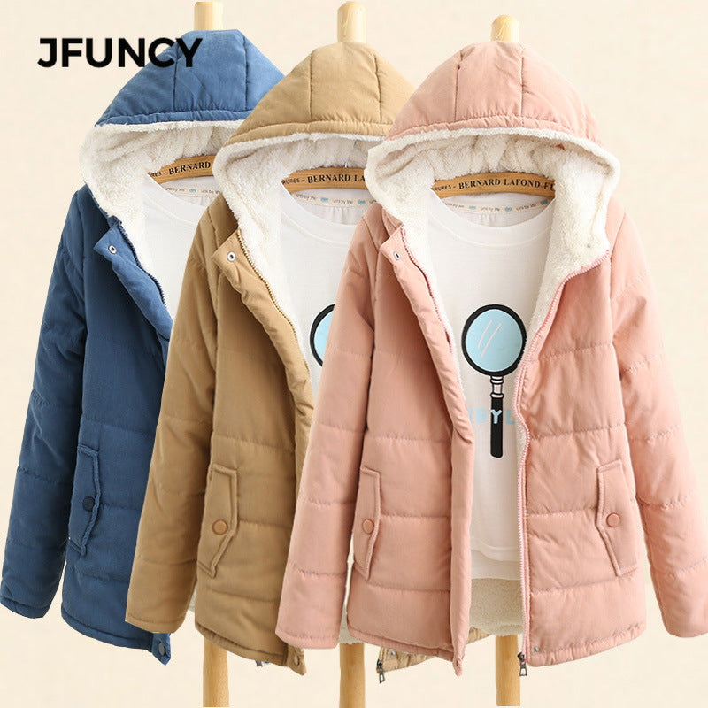 JFUNCY Women Winter Fleece Parkas Coat New Korean Casual Jackets Cotton Hooded Windproof Warm Pink Khaki Velvet Coat for Women