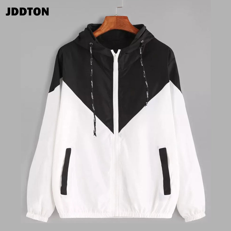 JDDTON Women's Basic Hooded Jacket Patchwork Long Sleeve Clothing Multicolor Autumn Coat Female Casual Windbreaker EU Size JE269