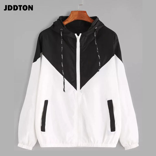 JDDTON Women's Basic Hooded Jacket Patchwork Long Sleeve Clothing Multicolor Autumn Coat Female Casual Windbreaker EU Size JE269